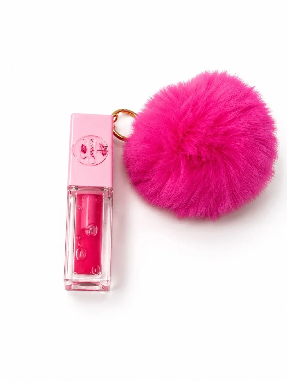 Bright Pink Lip Gloss with Pom Pom Keychain